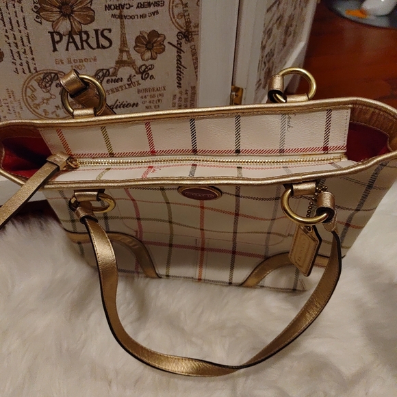 COACH 👜Peyton Tattersall Pocket Tote purse pink plum green w/ metallic trim - Picture 5 of 6